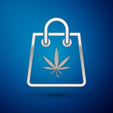 Mavi arka planda izole edilmiş gümüş alışveriş poşeti veya kenevir yaprağı ikonu. Kenevir almak. Kenevir sembolü. Vektör İllüstrasyonu