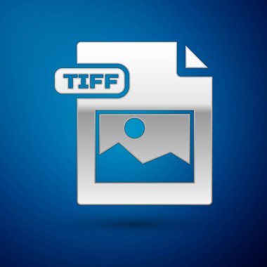 Gümüş Tiff dosya belgesi. Mavi arka planda yalıtılmış tiff düğme simgesini indirin. Tiff dosya sembolü. Vektör İllüstrasyonu