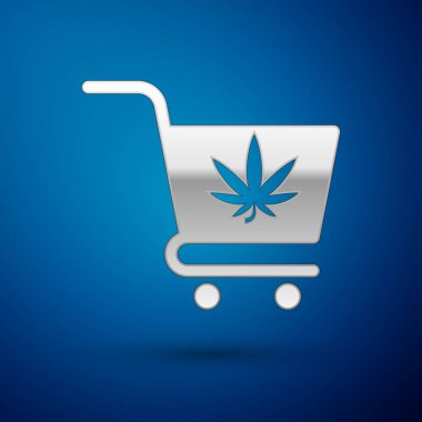 Gümüş Alışveriş sepeti marihuana veya esrar yaprak simgesi mavi arka plan üzerinde izole ile. Online satın alma. Teslimat hizmeti. Süpermarket sepeti. Vektör İllüstrasyonu