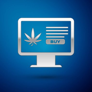 Gümüş Bilgisayar monitör ve tıbbi esrar veya esrar yaprak simgesi mavi arka plan izole. Online satın alma sembolü. Süpermarket sepeti. Vektör İllüstrasyonu