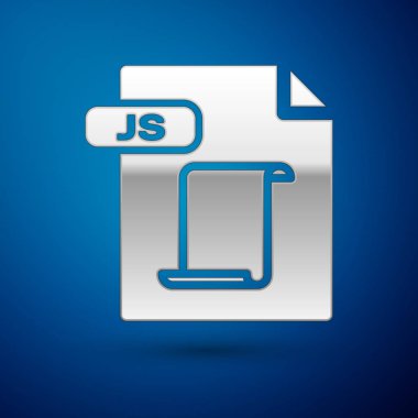 Gümüş Js dosya belgesi. Mavi arka planda yalıtılmış js düğme simgesini indirin. Js dosya sembolü. Vektör İllüstrasyonu