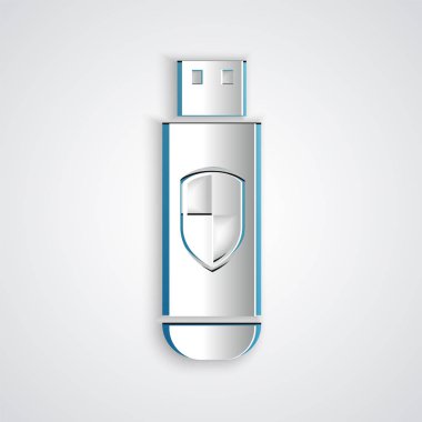 Kağıt kesme Usb flash sürücü ve koruma kalkanı simgesi gri arka plan üzerinde izole. Kağıt sanat tarzı. Vektör İllüstrasyonu