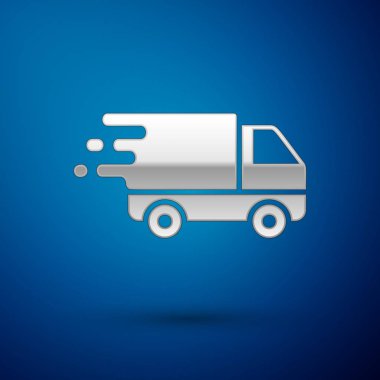 Mavi arka plan üzerinde izole hareket simgesi Gümüş Teslimat kamyon. Hızlı nakliye teslimat kamyonu. Vektör İllüstrasyonu