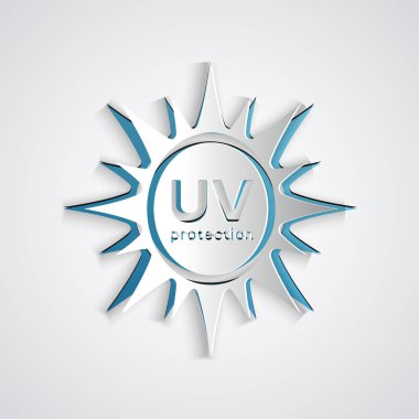 Kağıt kesilmiş Uv koruma simgesi gri arka plan üzerinde izole. Ultraviyole ışınları radyasyon. Spf güneş işareti. Kağıt sanat tarzı. Vektör İllüstrasyonu