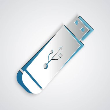 Kağıt kesiği USB flash disk simgesi gri arkaplanda izole edildi. Kağıt sanatı tarzı. Vektör İllüstrasyonu