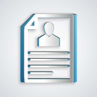 Kağıt kesiği Gri arkaplanda izole edilmiş olarak kalan simgeye devam et. Özgeçmiş başvurusu. Profesyonel personel aranıyor. Personel analizi devam ediyor. Kağıt sanatı tarzı. Vektör İllüstrasyonu