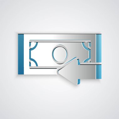 Kağıt, gri arka planda yalıtılmış Nakit arka simgesini keser. Finansal hizmetler, para iadesi, yatırım getirisi, tasarruf hesabı, döviz bozdurma. Kağıt sanat tarzı. Vektör İllüstrasyonu