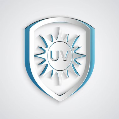 Kağıt kesilmiş Uv koruma simgesi gri arka plan üzerinde izole. Güneş ve kalkan. Ultraviyole ışınları radyasyon. Spf güneş işareti. Kağıt sanat tarzı. Vektör İllüstrasyonu