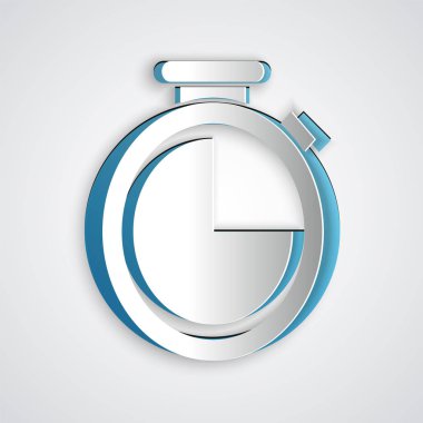 Kağıt kesim Kronometre simgesi gri arka planda yalıtılmış. Zaman layıcı işareti. Kağıt sanat tarzı. Vektör İllüstrasyonu