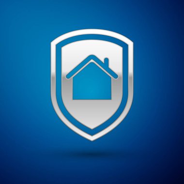 Gümüş Ev koruma simgesi altında mavi arka plan izole. Ev ve kalkan. Koruma, güvenlik, güvenlik, koruma, savunma konsepti. Vektör İllüstrasyonu