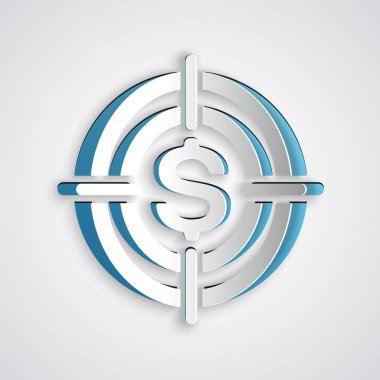 Kağıt gri arka plan üzerinde izole dolar sembolü simgesi ile Hedef kesti. Yatırım hedef simgesi. Başarılı iş konsepti. Nakit veya Para işareti. Kağıt sanat tarzı. Vektör İllüstrasyonu
