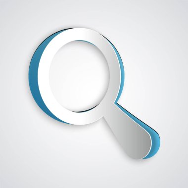 Kağıt kesiği büyüteç simgesi gri arkaplanda izole edilmiş. Arama, odaklanma, yakınlaştırma, iş sembolü. Kağıt sanatı tarzı. Vektör İllüstrasyonu