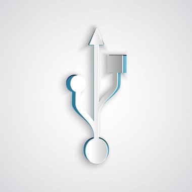 Kağıt kesme Usb simge simgesi gri arka plan üzerinde izole. Kağıt sanat tarzı. Vektör İllüstrasyonu