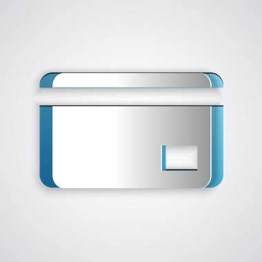 Kağıt kesiği kredi kartı simgesi gri arkaplanda izole edildi. Çevrimiçi ödeme. Nakit çekilmesi. Finansal operasyonlar. Alışveriş tabelası. Kağıt sanatı tarzı. Vektör İllüstrasyonu