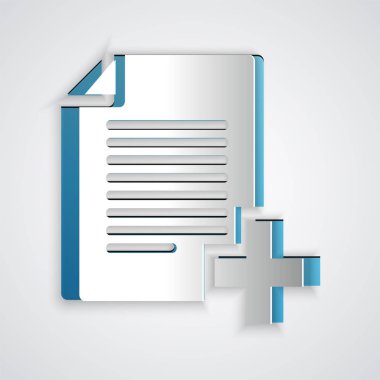 Kağıt kesme Gri arka planda yalıtılmış yeni dosya simgesi ekleyin. Belge simgesini kopyalayın. Kağıt sanat tarzı. Vektör İllüstrasyonu