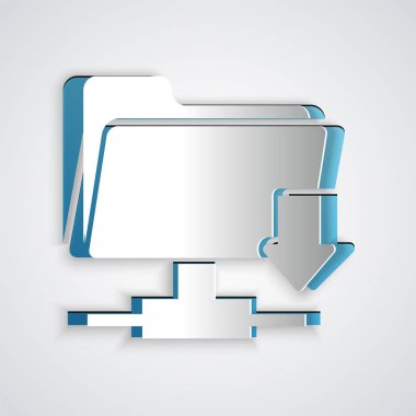 Kağıt kesme Ftp klasörü indirme simgesi gri arka plan üzerinde yalıtılmış. Yazılım güncelleştirme, transfer protokolü, yönlendirici, takım çalışması araç yönetimi, kopyalama işlemi. Kağıt sanat tarzı. Vektör İllüstrasyonu