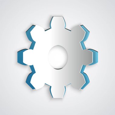 Kağıt kesiği Vites simgesi gri arkaplanda izole edildi. Çarklı teçhizat ayarları. İşçi sembolü. Kağıt sanatı tarzı. Vektör İllüstrasyonu