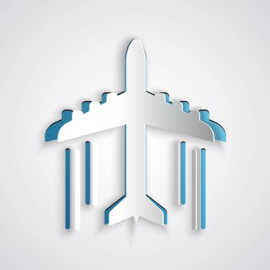 Kağıt kesme Düzlem simgesi gri arka plan üzerinde izole. Uçan uçak simgesi. Uçak işareti. Kağıt sanat tarzı. Vektör İllüstrasyonu