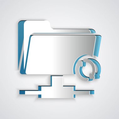 Kağıt kesme Ftp eşitleme simgesi gri arka planda yalıtılmış. Yazılım güncelleştirme, transfer protokolü, yönlendirici, takım çalışması araç yönetimi, kopyalama işlemi. Kağıt sanat tarzı. Vektör İllüstrasyonu