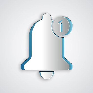 Kağıt kesme Bell simgesi gri arka planda yalıtılmış. Yeni Bildirim simgesi. Yeni ileti simgesi. Kağıt sanat tarzı. Vektör İllüstrasyonu