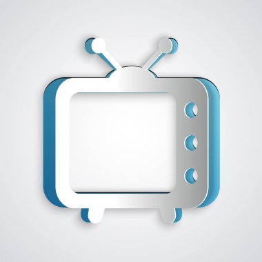 Kağıt kesilmiş Tv simgesi gri arka planda yalıtılmış. Televizyon tabelası. Kağıt sanat tarzı. Vektör İllüstrasyonu