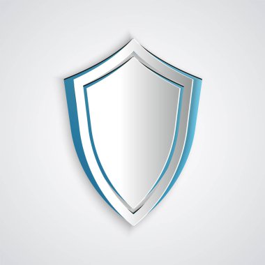 Kağıt kesme Shield simgesi gri arka plan üzerinde izole. Koruma işareti. Kağıt sanat tarzı. Vektör İllüstrasyonu