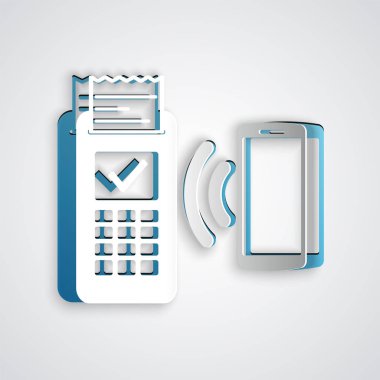 Kağıt baskılı reciept ile Pos terminali kesilmiş ve gri arka plan üzerinde izole akıllı telefon simgesi ile ödeme onaylar. Nfc ödeme konsepti. Kağıt sanat tarzı. Vektör İllüstrasyonu