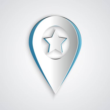 Kağıt kesme Harita işaretçisi, gri arka planda yalıtılmış yıldız simgesiyle. Yıldız favori pin harita simgesi. Harita işaretleri. Kağıt sanat tarzı. Vektör İllüstrasyonu