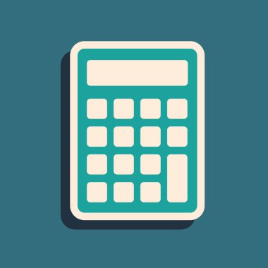 Mavi arka planda yalıtılmış Yeşil Hesap Makinesi simgesi. Muhasebe sembolü. İş hesaplamaları matematik eğitim ve finans. Uzun gölge stili. Vektör İllüstrasyonu
