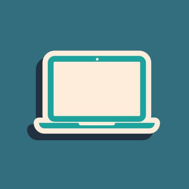 Mavi arka planda yalıtılmış Yeşil Laptop simgesi. Boş ekran işareti olan bilgisayar not defteri. Uzun gölge stili. Vektör İllüstrasyonu