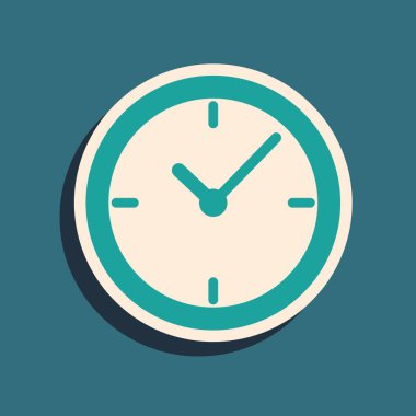 Mavi arka planda yalıtılmış Yeşil Saat simgesi. Uzun gölge stili. Vektör İllüstrasyonu