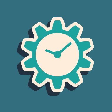 Mavi arka planda yalıtılmış Yeşil Zaman Yönetimi simgesi. Saat ve dişli işareti. Uzun gölge stili. Vektör İllüstrasyonu