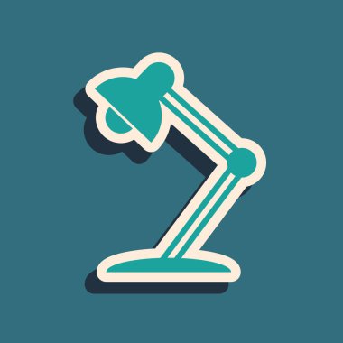 Yeşil Masa lambası simgesi mavi arka plan üzerinde izole. Masa ofis lambası. Uzun gölge stili. Vektör İllüstrasyonu