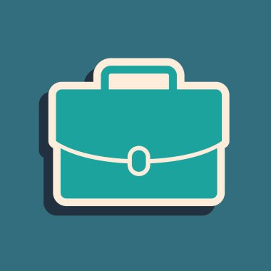 Mavi arka planda yalıtılmış Yeşil Evrak Çantası simgesi. İş davası işareti. İş portföyü. Uzun gölge stili. Vektör İllüstrasyonu