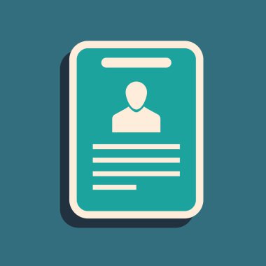 Mavi arka planda yalıtılmış yeşil kimlik rozeti simgesi. Bu sunum için kullanılabilir, şirketin kimliği, reklam. Uzun gölge stili. Vektör İllüstrasyonu