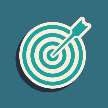 Mavi arka planda yalıtılmış ok simgesine sahip Yeşil Hedef. Dart tahtası tabelası. Okçuluk tahtası simgesi. Dart tahtası işareti. İş hedefi kavramı. Uzun gölge stili. Vektör İllüstrasyonu