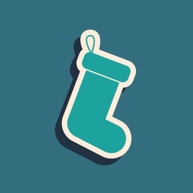 Yeşil Noel çorap simgesi mavi arka plan izole. Uzun gölge stili. Vektör İllüstrasyonu