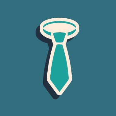 Yeşil Kravat simgesi mavi arka planda yalıtılmış. Kravat ve boyun bezi sembolü. Uzun gölge stili. Vektör İllüstrasyonu