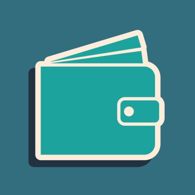 Mavi arka planda yalıtılmış Yeşil Cüzdan simgesi. Uzun gölge stili. Vektör İllüstrasyonu