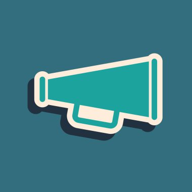 Yeşil Megafon simgesi mavi arka planda izole. Uzun gölge stili. Vektör İllüstrasyonu