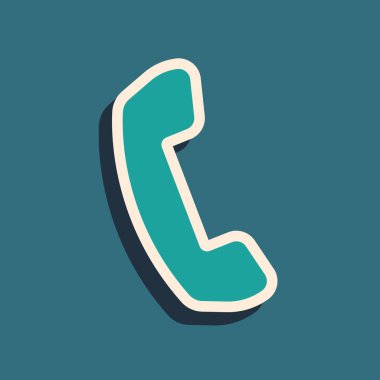 Mavi arka planda yalıtılmış Yeşil Telefon ahizesimgesi. Telefon tabelası. Uzun gölge stili. Vektör İllüstrasyonu