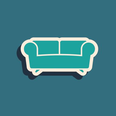 Green Sofa icon isolated on blue background. Long shadow style. Vector Illustration clipart