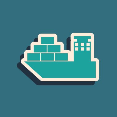 Yeşil Kargo gemi simgesi mavi arka plan üzerinde izole. Uzun gölge stili. Vektör İllüstrasyonu