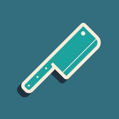 Yeşil Et helikopter simgesi mavi arka plan üzerinde izole. Et için mutfak bıçağı. Kasap bıçağı. Uzun gölge stili. Vektör İllüstrasyonu