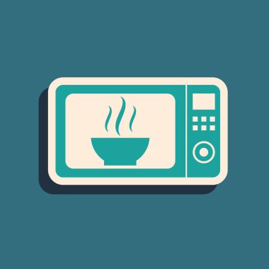 Yeşil Mikrodalga fırın simgesi mavi arka plan üzerinde izole. Ev aletleri simgesi. Uzun gölge stili. Vektör İllüstrasyonu