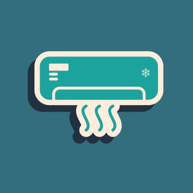 Mavi arka plan üzerinde izole temiz hava simgesi ile Yeşil Klima. Split sistem klima. Serin ve soğuk iklim kontrol sistemi. Uzun gölge stili. Vektör İllüstrasyonu