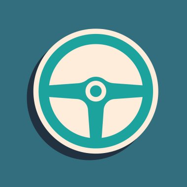 Mavi arka planda yalıtılmış yeşil direksiyon simgesi. Araba tekerleği simgesi. Uzun gölge stili. Vektör İllüstrasyonu