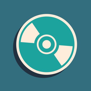 Mavi arka planda yalıtılmış Yeşil Cd veya Dvd disk simgesi. Kompakt disk işareti. Uzun gölge stili. Vektör İllüstrasyonu