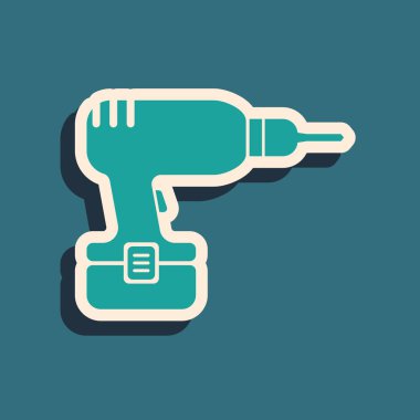 Yeşil Matkap makine simgesi mavi arka plan üzerinde izole. Uzun gölge stili. Vektör İllüstrasyonu