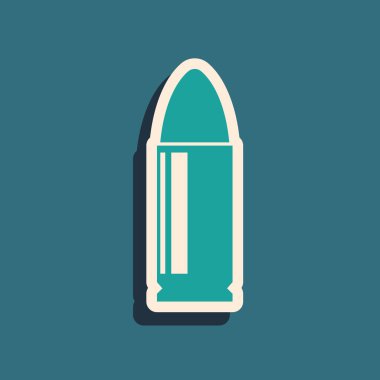 Mavi arka planda yalıtılmış Yeşil Madde İşareti simgesi. Uzun gölge stili. Vektör İllüstrasyonu